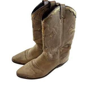 Vintage Tan Leather Western Boots Gold Metallic Cross, Metal Toe Caps Women's 9M